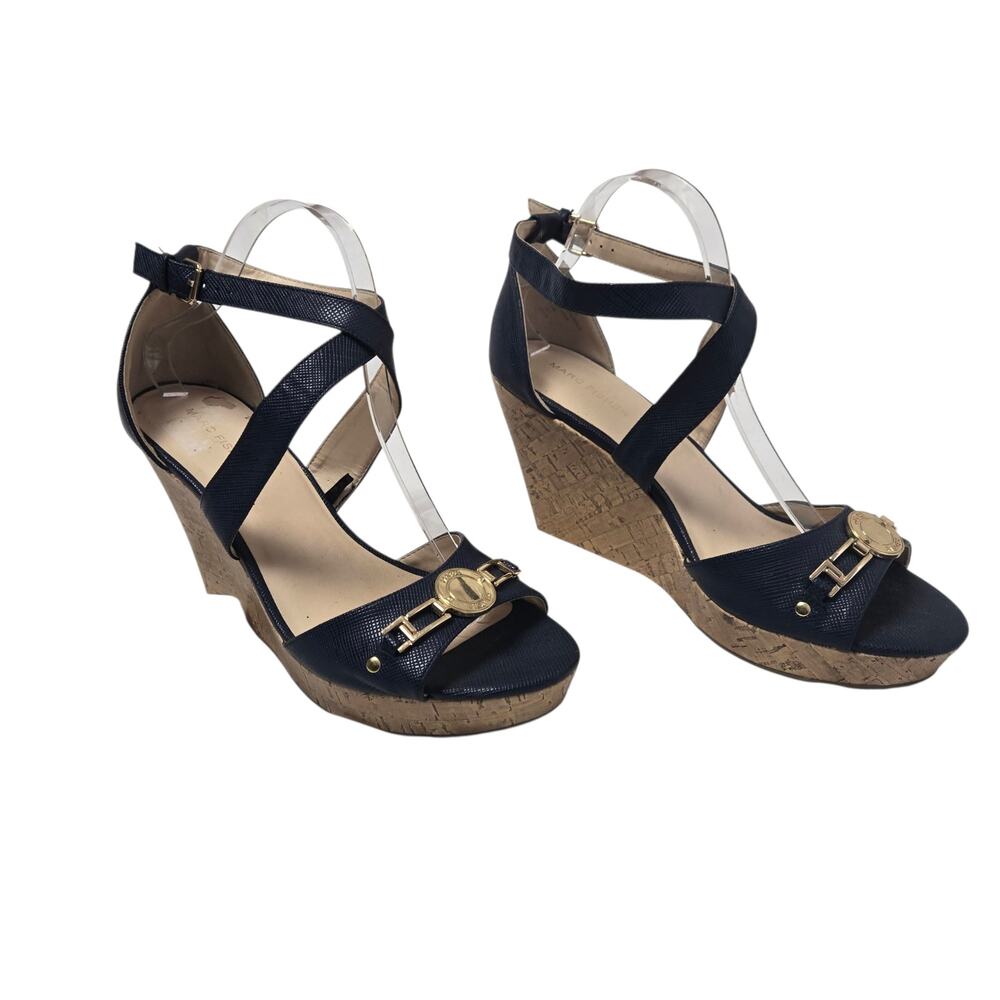 Marc Fisher Cork Heel Wedges 4" heels Open Toe Size 11M Very Dark Blue - Picture 2 of 7